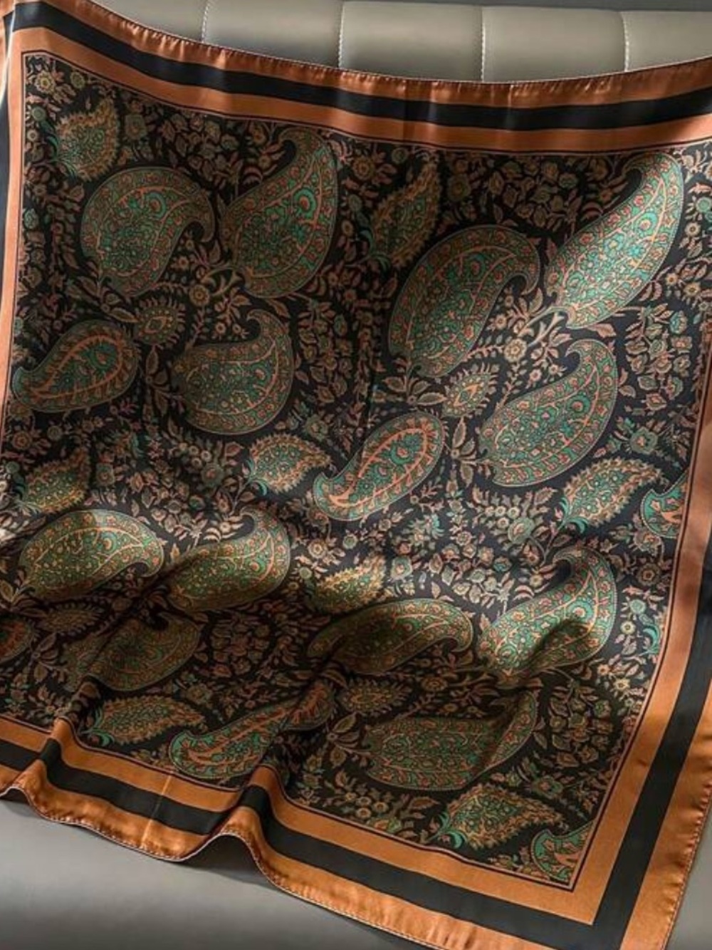 Blue-Green & Brown Classic Paisley Square Scarf | 27.5” - Picture 3 of 11